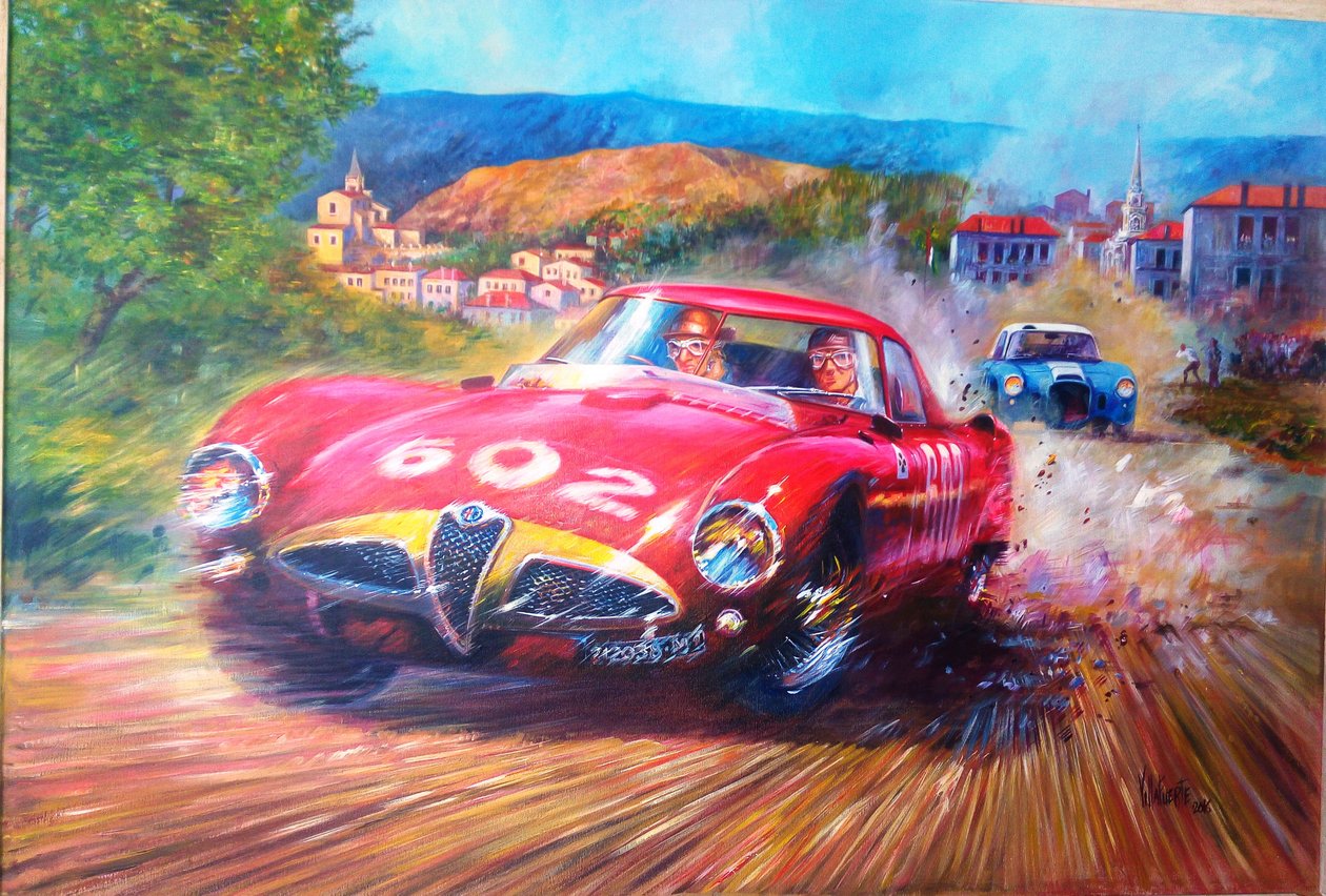 Juan Manuel Fangio Mille Miglia 1953 (Akryl over lerret, 2017) av Jose Maria Villafuerte