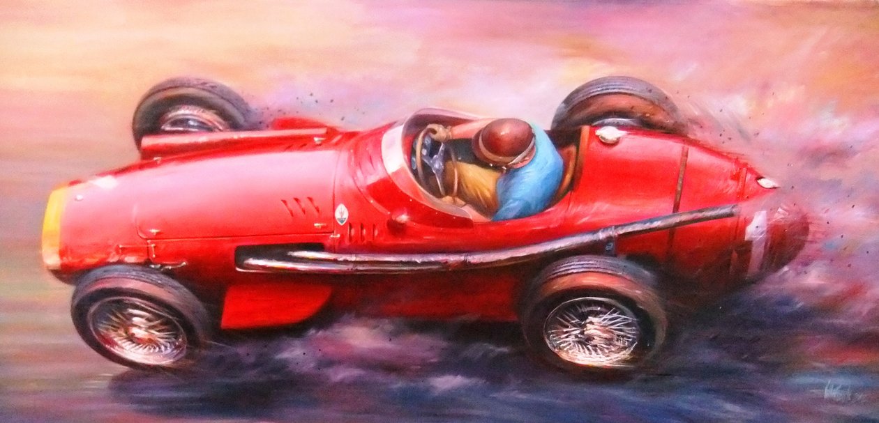 Juan Manuel Fangio, Mille Miglia 1953, Alfa Romeo 6C3.000cc (rød topp) (akryl på lerret) av Jose Maria Villafuerte