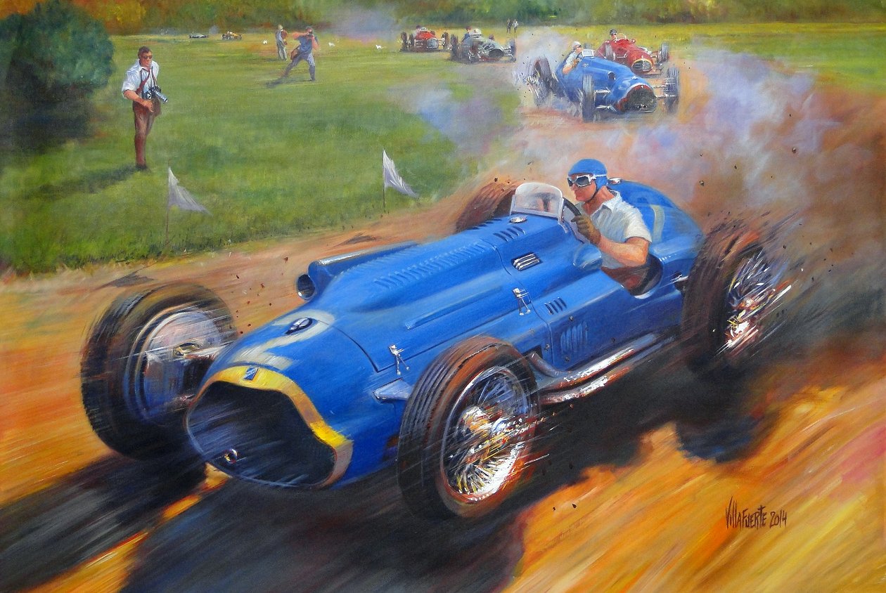 Juan Manuel Fangio med Talbot lago T26C, 2011 (akryl på lerret) av Jose Maria Villafuerte
