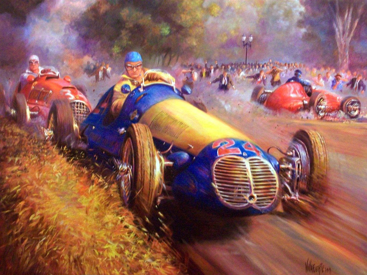 Juan Manuel Fangio kjører Maserati 4Cl Skogen i Palermo Buenos aires av Jose Maria Villafuerte
