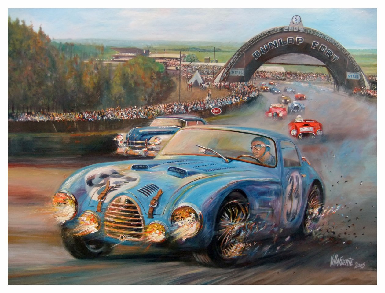 John Manuel Fangio på Le Mans 1950 Gordini Typr 18S (akryl på lerret) av Jose Maria Villafuerte