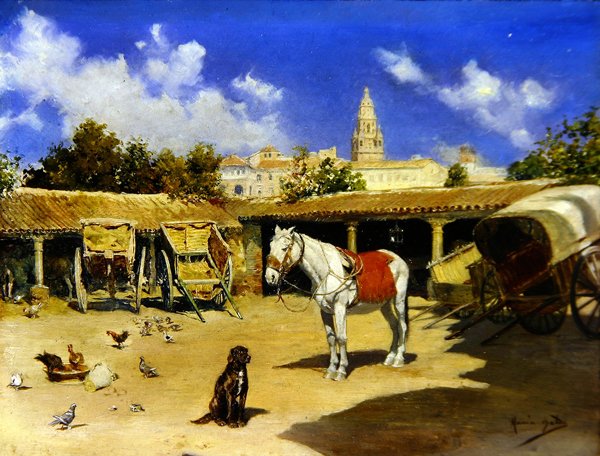 En gårdsplass i Murcia, med katedraltårn (olje på panel) av Jose Marin Baldo
