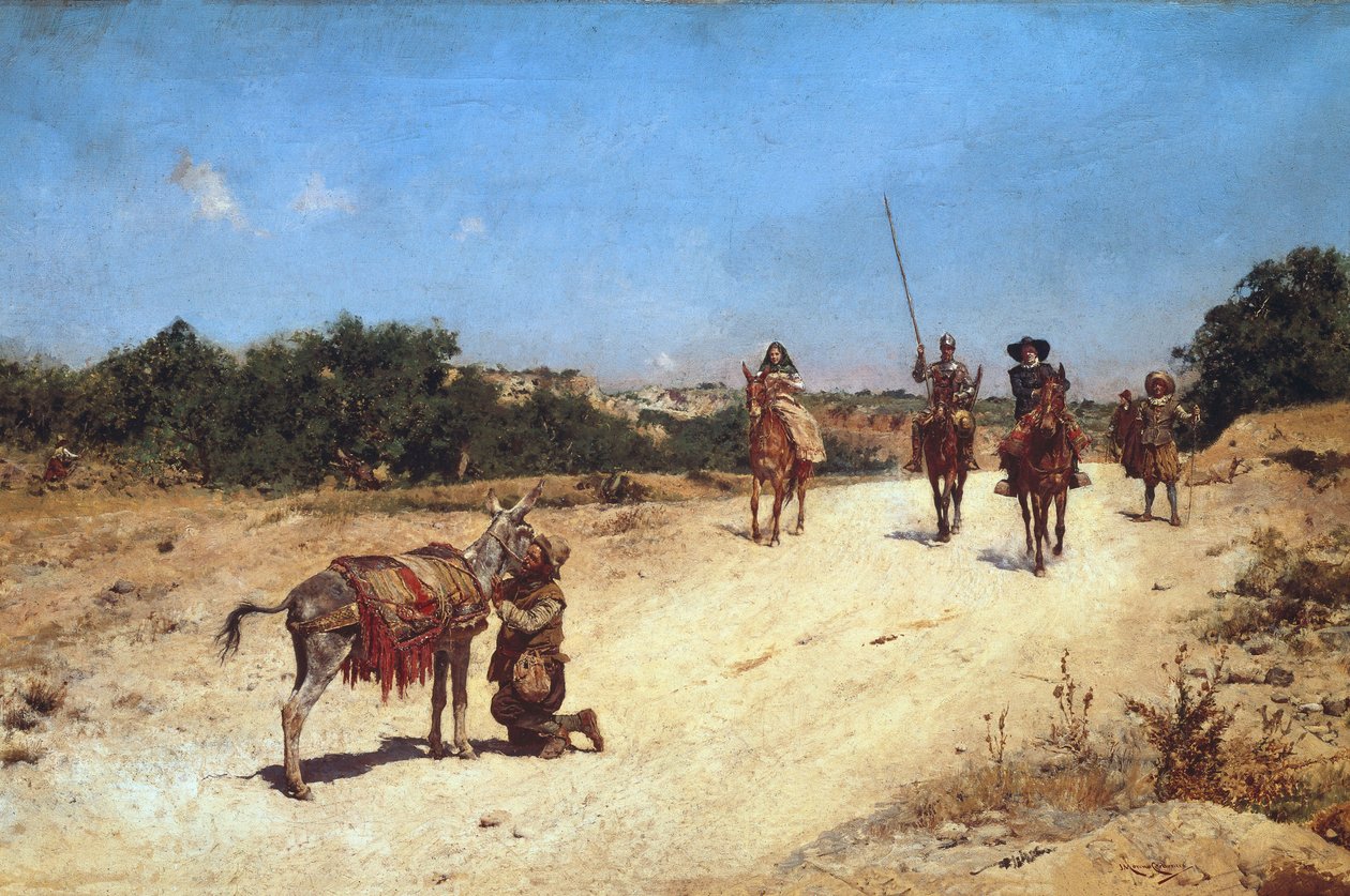 Møtet mellom Sancho Panza og hans esel Rucio, Illustrasjon av Don Quijote, ca. 1878 (olje på lerret) av Jose Moreno Carbonero