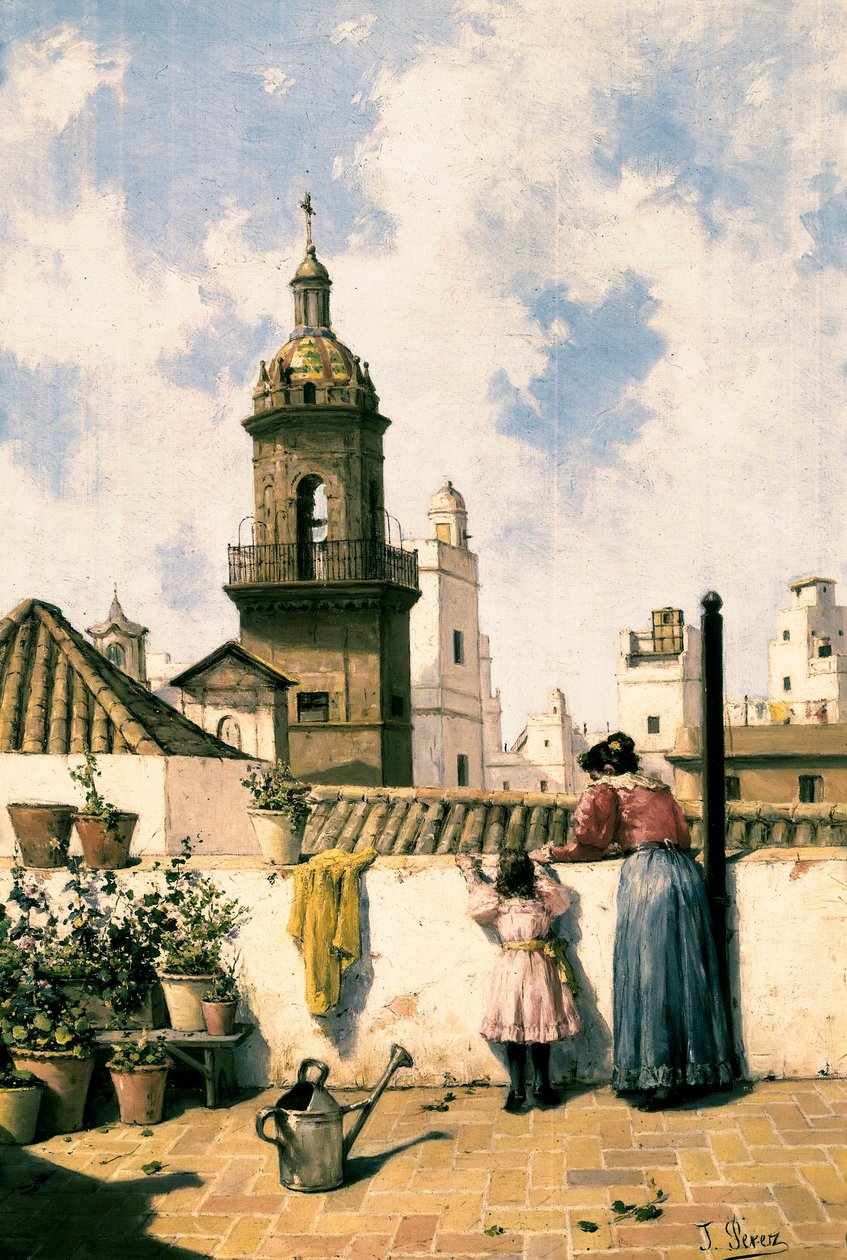 Takterrasse i Cadiz. En mor og datter vanner sannsynligvis plantene med vannkannen midt på terrassen. Maleri av Jose PEREZ SIGUIMBOSCUM (1800-tallet), sent på 1800-tallet Olje på lerret. Cadiz, Museo Provincial de Cadiz. av Jose Perez Siguimboscum