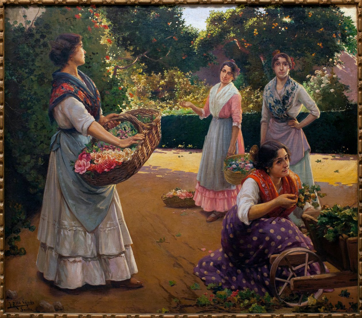 Blomsterhandlere i parken til Maria Luisa - Maleri av Jose Rico Cejudo (1864-1939), olje på lerret av Jose Rico y Cejudo