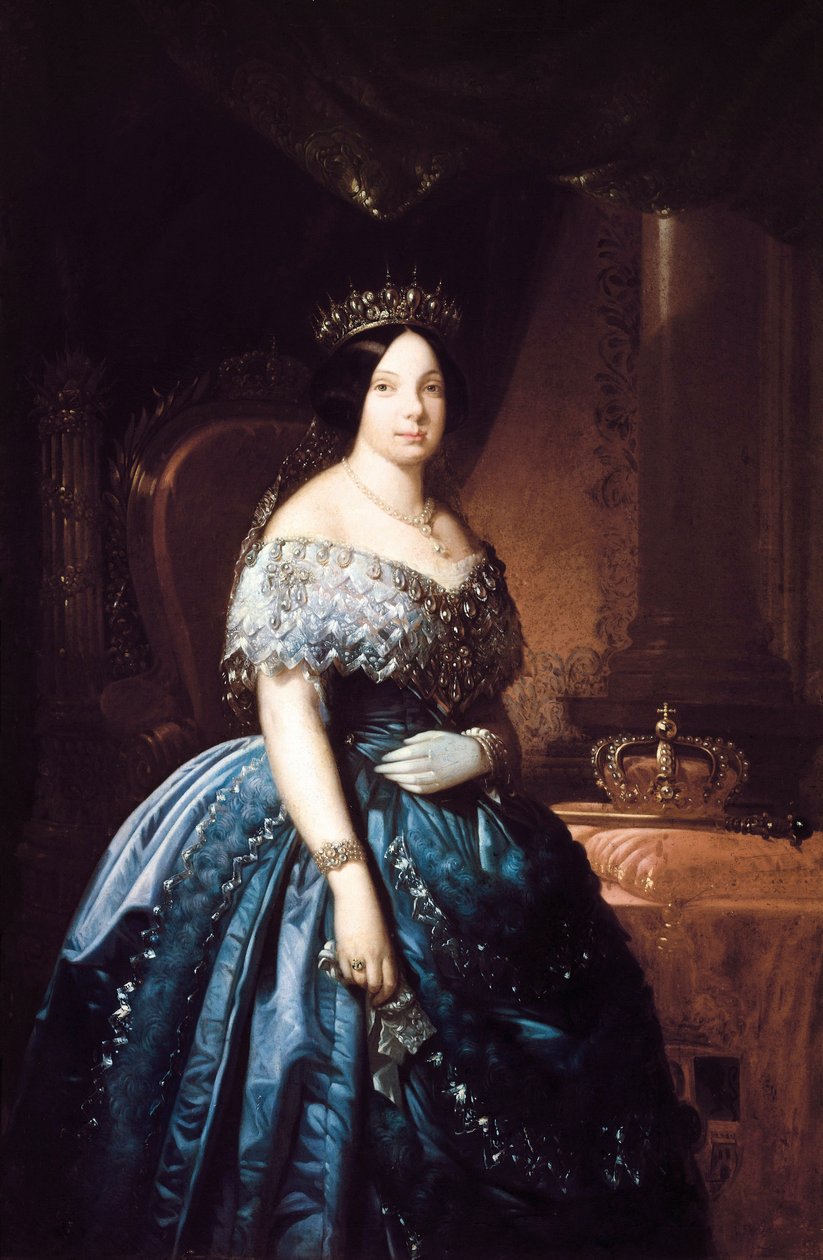 Portrett av Isabella de Bourbon (Isabel de Borbon) II (1830-1904), dronning av Spania fra 1833 til 1868. Maleri av Jose Romeu (?). Olje på lerret av Jose Romeu