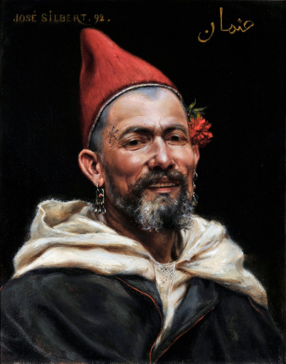 Hode for marokkansk Portrett av mann med hull i ørene og rød hatt, med en blomst i øret og en tatovering på templet 1892 (maleri) av Jose Silbert