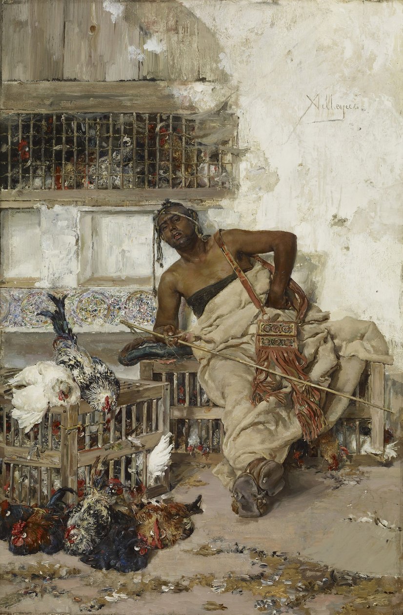 Fjærkremarked, Tanger, ca. 1881 (olje på tre) av Jose Villegas Cordero