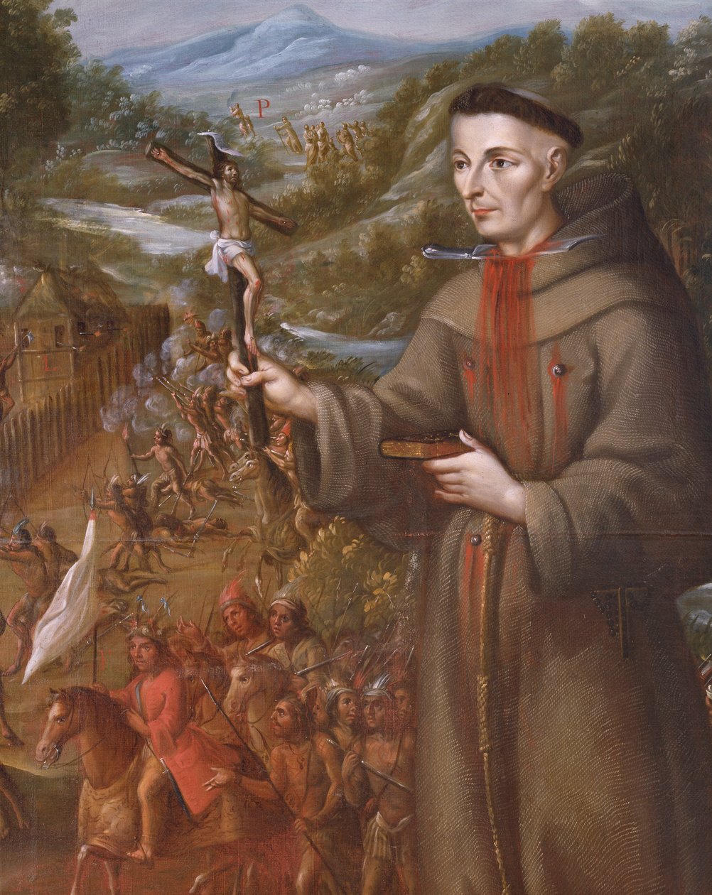Ødeleggelse av indianerne av oppdraget til St. Saba i Texas og martyrdøden til fransiskanerbrødrene Jose de Sanriesban (detalj) (olje på lerret) av Jose de or Joseph Paez