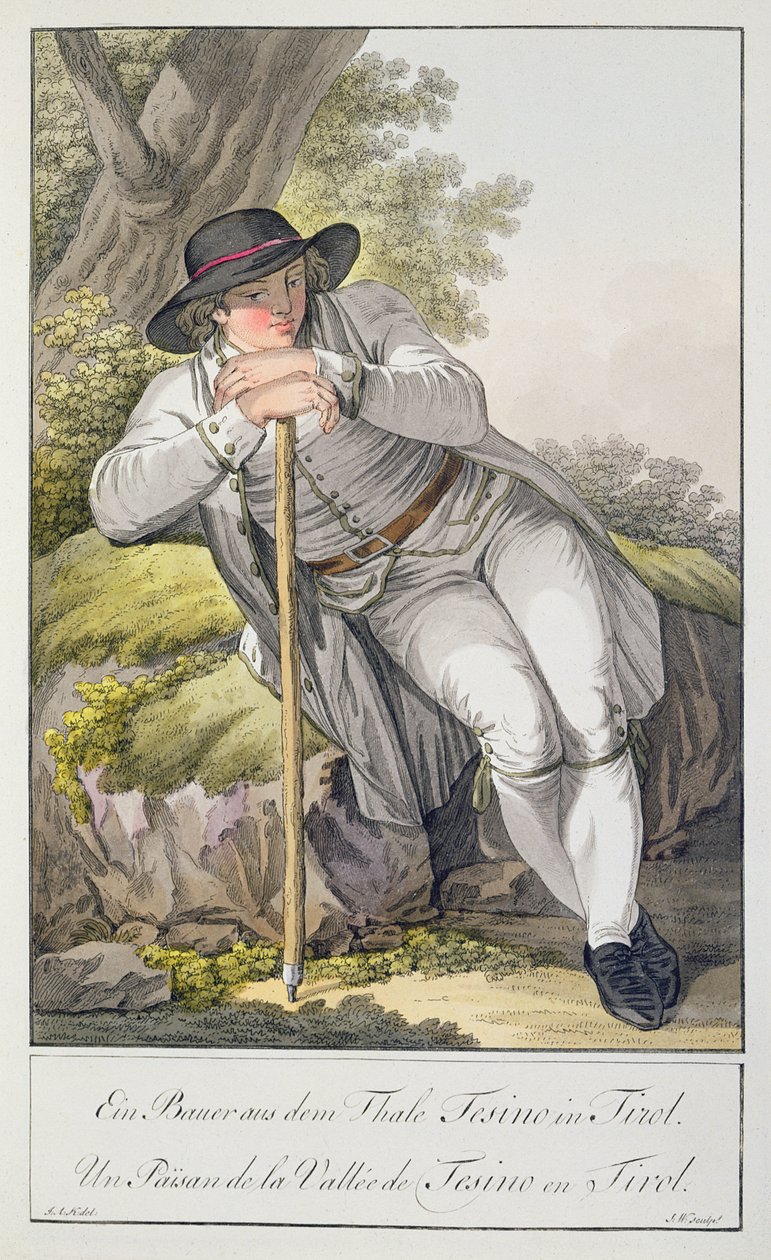 En bonde i Tesino-dalen i Tyrol, fra en samling av 24 fargeplater, utgitt ca. 1800 av Josef Anton Kapeller