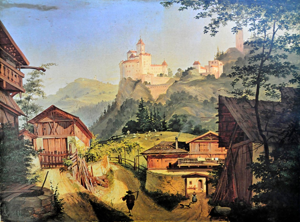 Waidbruck med Trostburg i bakgrunnen av Josef Arnold derJüngere