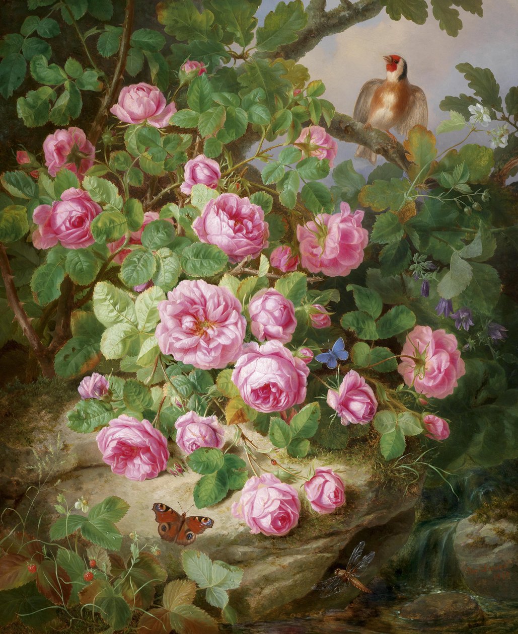 Rose stilleben med sommerfugler og fugl av Josef Lauer