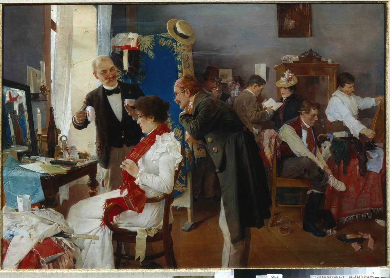 ""Dans la loge"" (I garderoben) Kunstnere gjør seg klar før showet Maleri av Josef Douba (1866-1928) Sent på 1800-tallet Olje på lerret - Privat samling av Josef Douba
