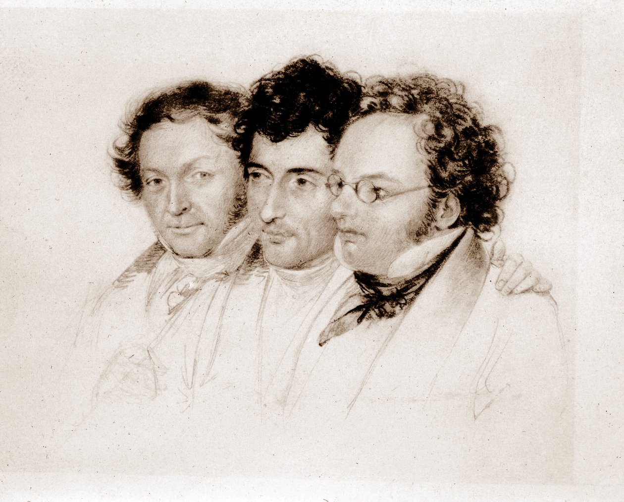 Fra venstre til høyre: Jenger, Httenbrenner og F. Schubert. Acquarelle av Feltscher. av Josef Eduard Teltscher