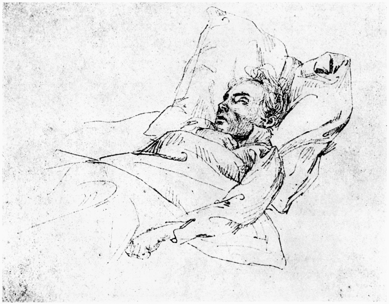 Ludwig van Beethoven (1770-1827) på dødsleiet, 28. mars 1827 (bw-bilde) av Josef Eduard Teltscher