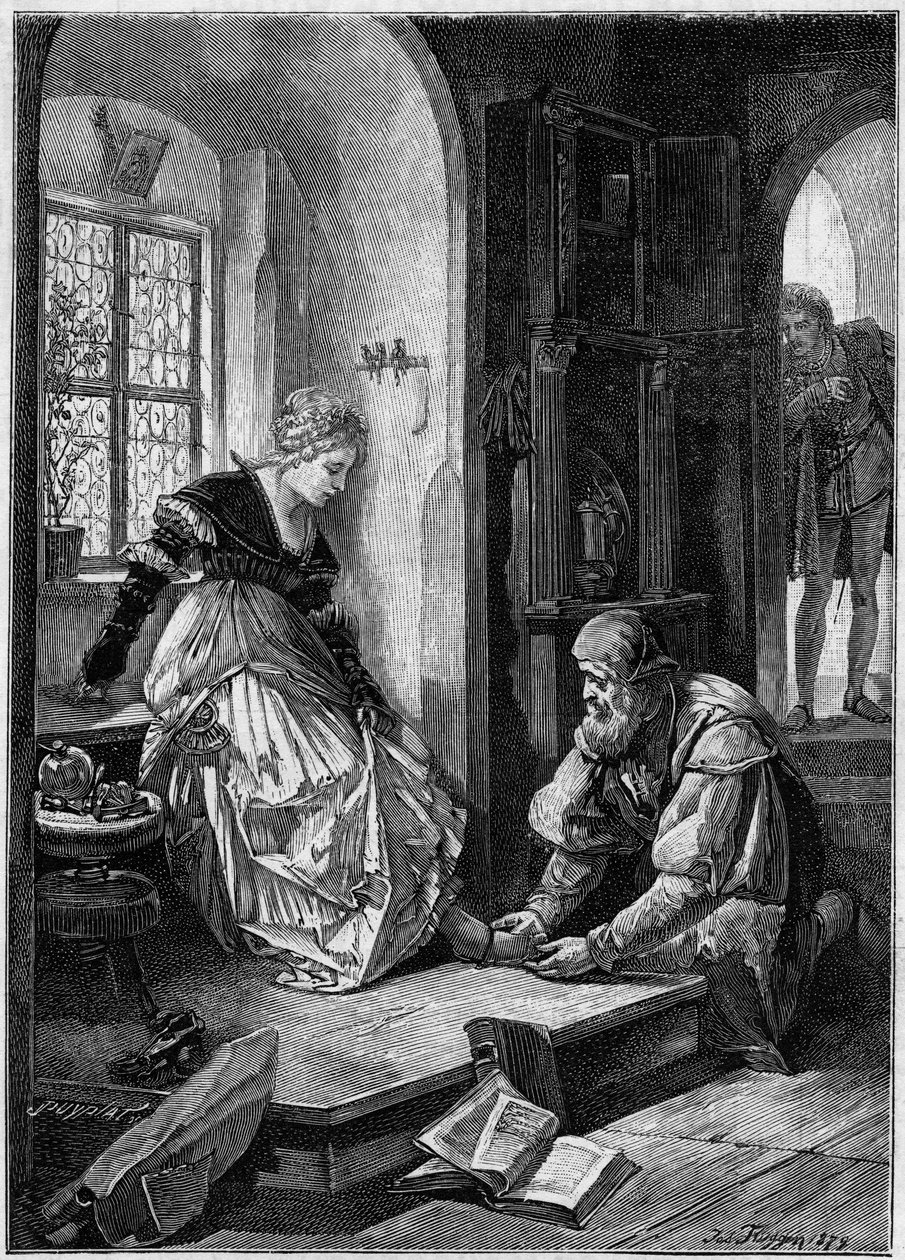 Eva i verkstedet til Hans Sachs (akt III av operaen “Die Meistersinger von Nurnberg””, på fransk “The Master Singers of Nuremberg”” av Richard Wagner, skrevet i 1868) basert på Joseph Fluggens maleri. Gravering i "The Illustrous World" av Josef Fluggen