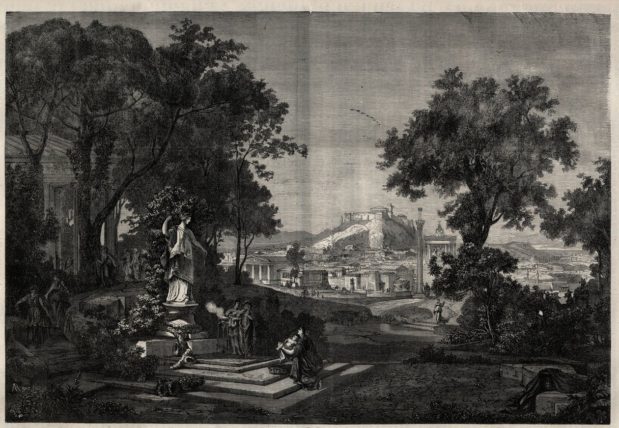 Antikkens Hellas: utsikt over hagene til Venus a Athenes. Gravering etter et maleri av Joseph Hoffmann i "The Illustrous Universe" av Josef Hoffman
