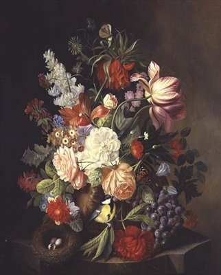 Et stilleben med blandede sommerblomster i en urne (olje på lerret) av Josef Holstayn