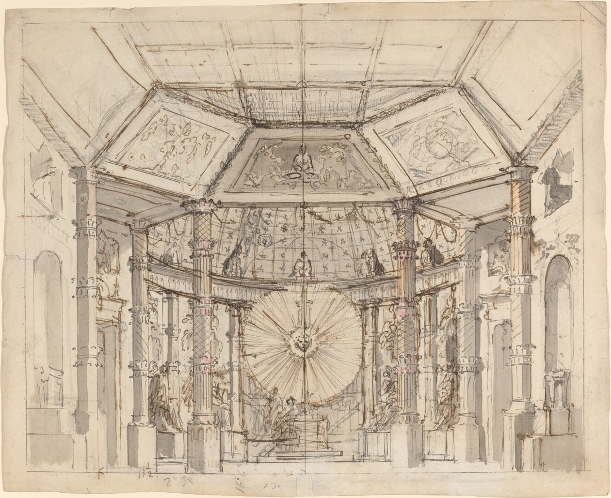 Scenedesign for et kuppelformet tempelinteriør med en solskive over alteret av Josef Ignáz Platzer