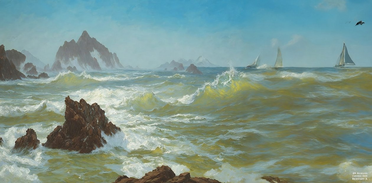 JJM gjenskaper Bierstadt-A: Seal Rock California (med seilskip) av Josef Johann Michel