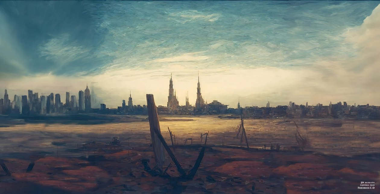JJM gjenskaper Friedrich-CD: City at moonrise (skyskrapere) av Josef Johann Michel