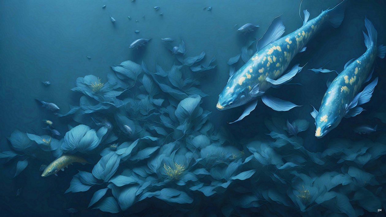 blekkmaleri: Koi-Karpfish_blue_04 av Josef Johann Michel