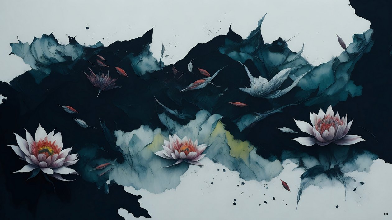 blekkmaleri: waterlili-black_02 av Josef Johann Michel