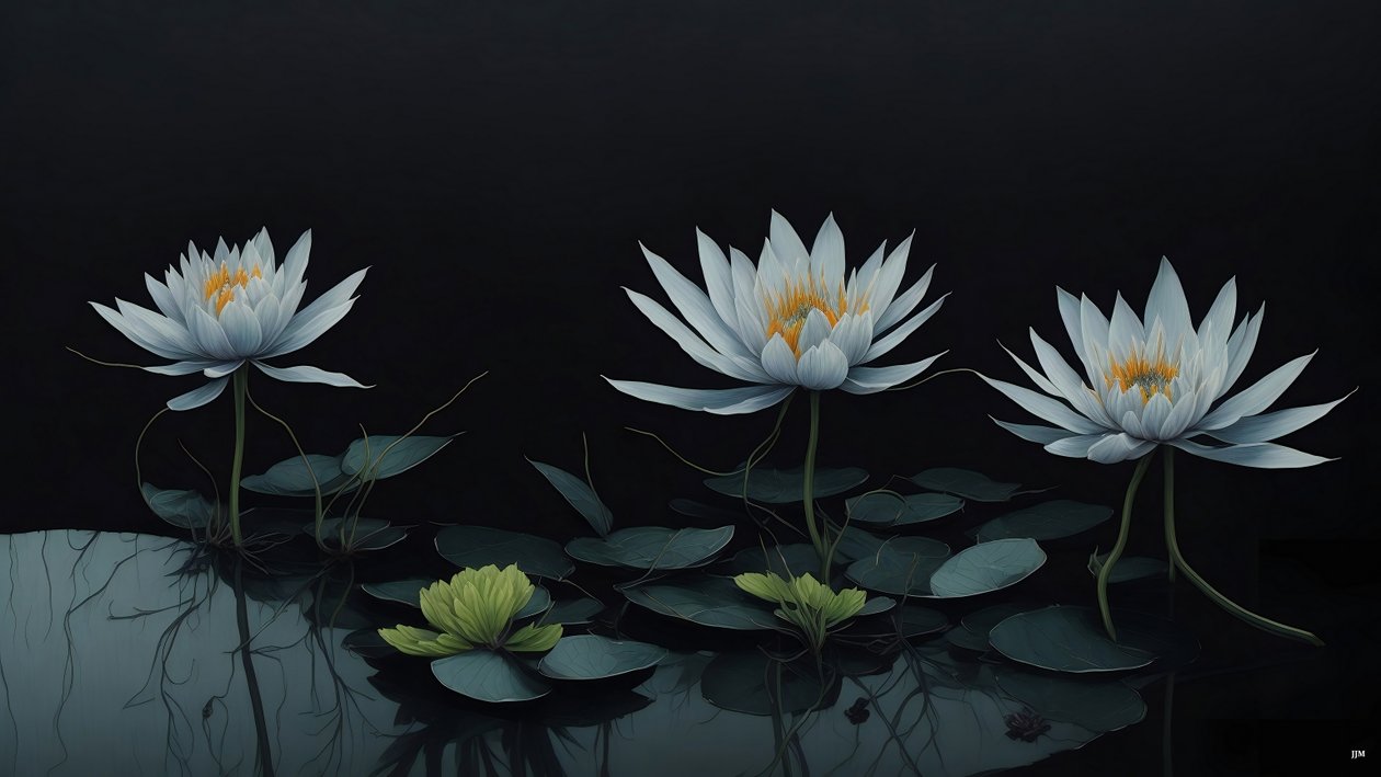 blekkmaleri: waterlili-black_04 av Josef Johann Michel