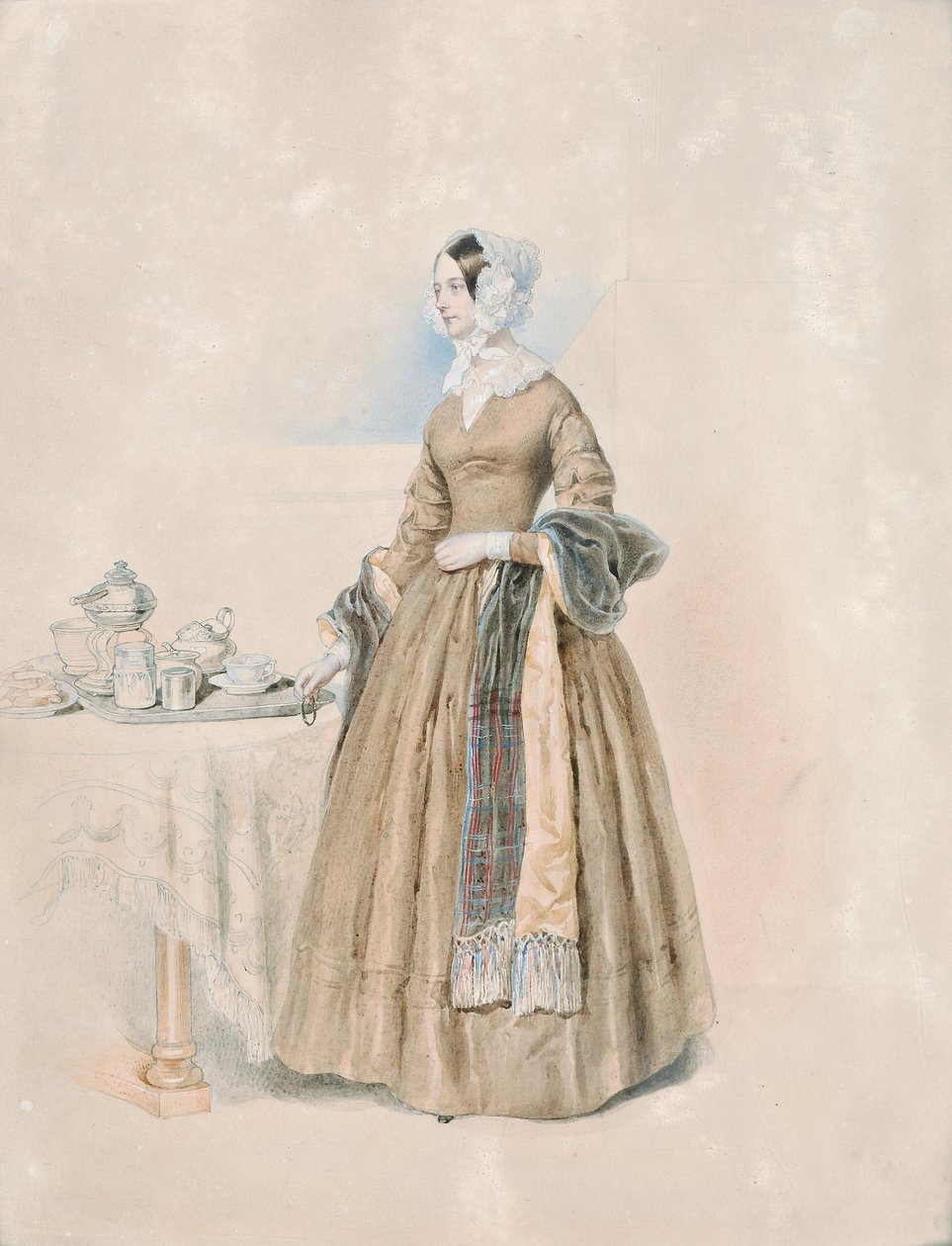 Portrett av prinsesse Leopoldine Karoline Palffy, født grevinne Kaunitz-Rietberg (kone til den tredje prins Anton Karl Palffy), stående ved et dekket tebord av Josef Kriehuber