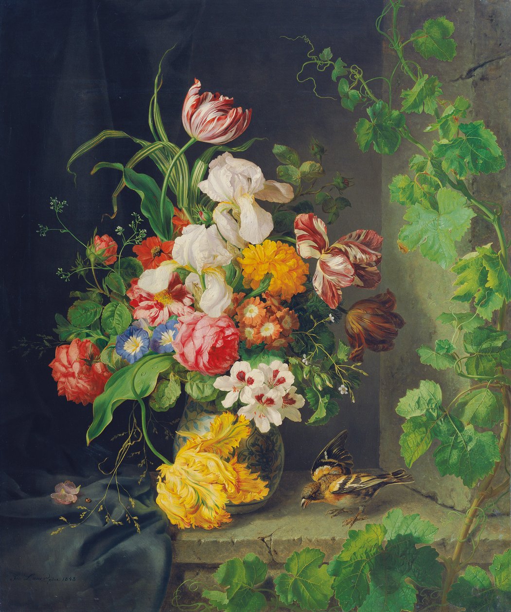 Stilleben av blomster med spurv og vinranke av Josef Lauer