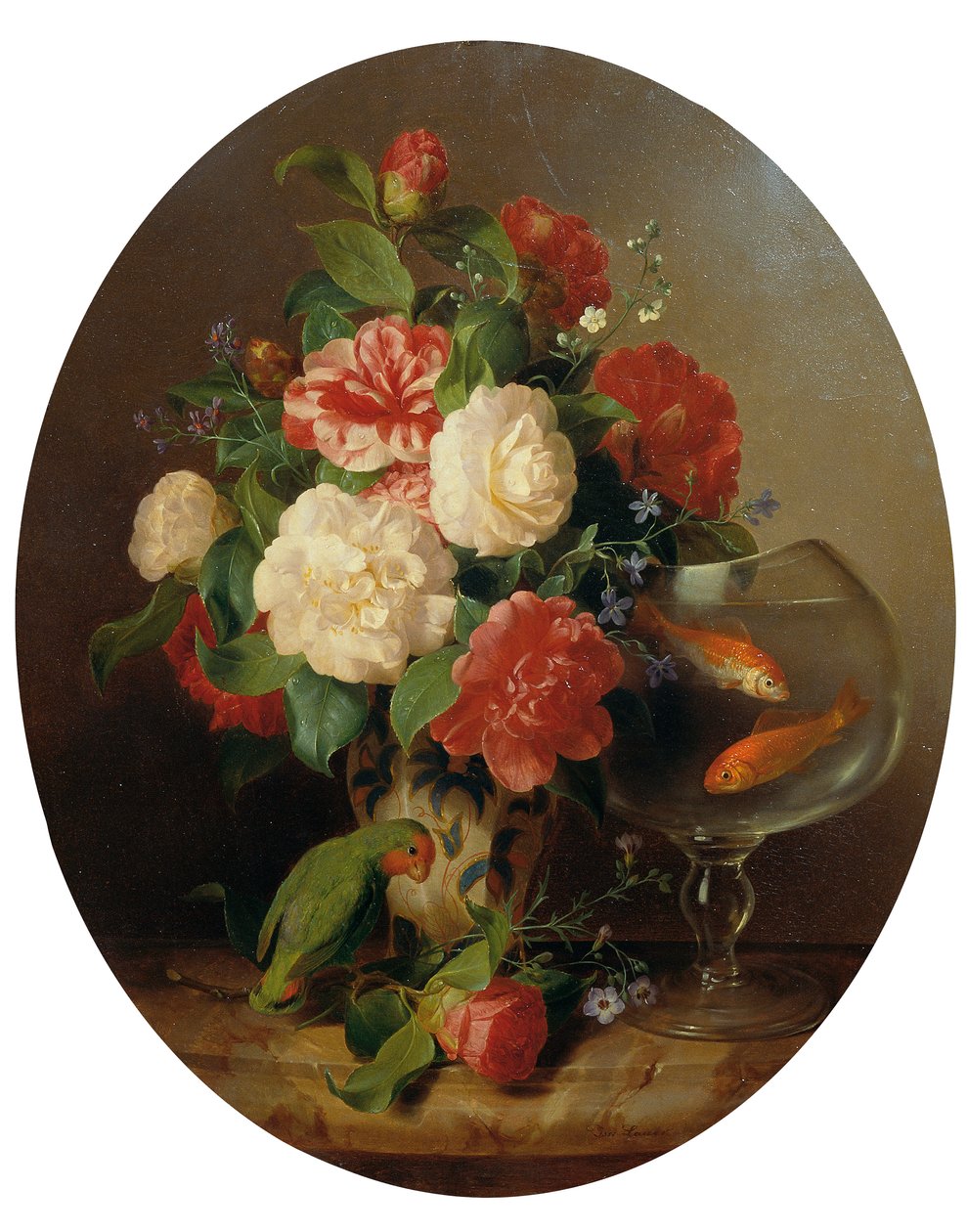 Blomsterstykke med gullfiskskål av Josef Lauer