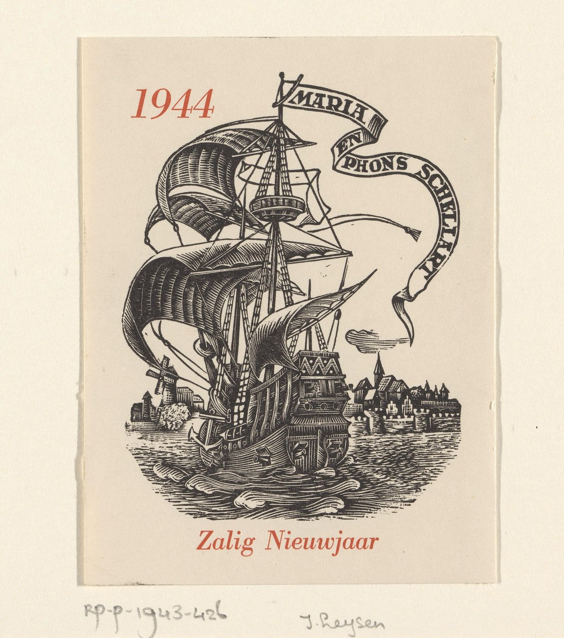 Nyttårsønske for 1944 fra Mária og Phons Schellart av Josef Leysen (Jef)