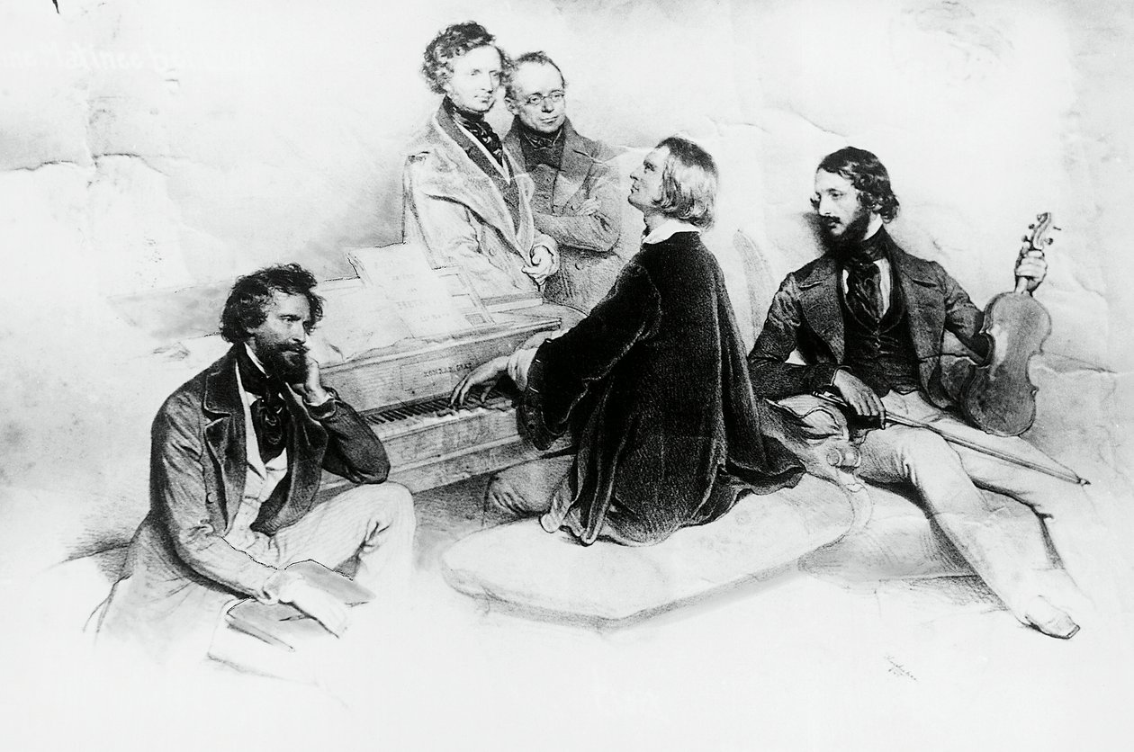 Matiné hjemme hos Liszt, fra venstre til høyre, Kriehuber, komponist Hector Berlioz (1803-1869), Carl Czerny (1791-1857) Liszts lærer, Franz Liszt (1811-1866) og fiolinist Heinrich Wilhelm Ernst (1840-1865), Litografi av Josef Kriehuber (1800-1876) av Josef Nikolaus Kriehuber