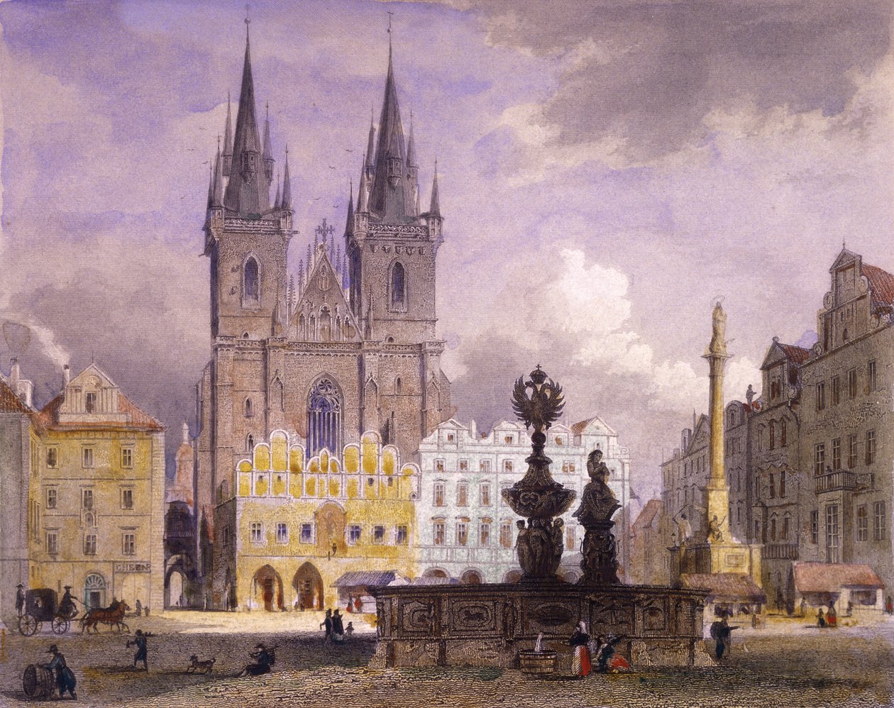 Krocín-fontenen, Praha, 1864 (farget stålgravering) av Josef Vojtech Hellich