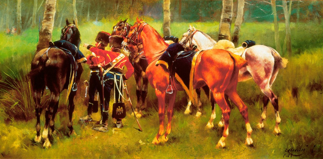 ""Gruppe husarer og hester i skogen"" Maleri av Josep Cusachs i Cusachs (1851-1908). 1905. av Josep Cusachs y Cusachs