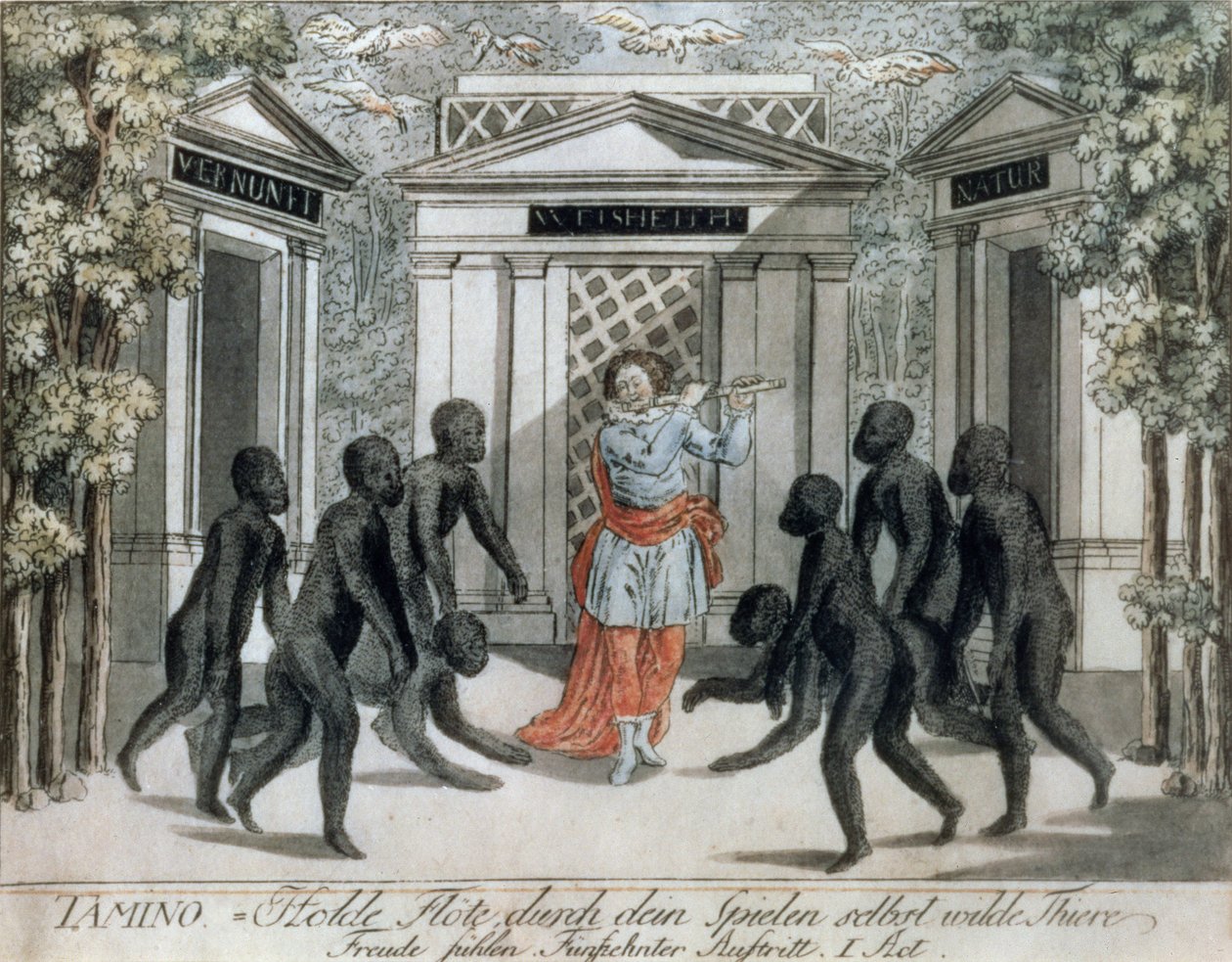 Tamino spiller tryllefløyte for å avverge de ville dyrene, Act I scene xv, fra `Tryllefløyten' av Wolfgang Amadeus Mozart (1756-91), ca. 1793 av Joseph and Peter Schaffer