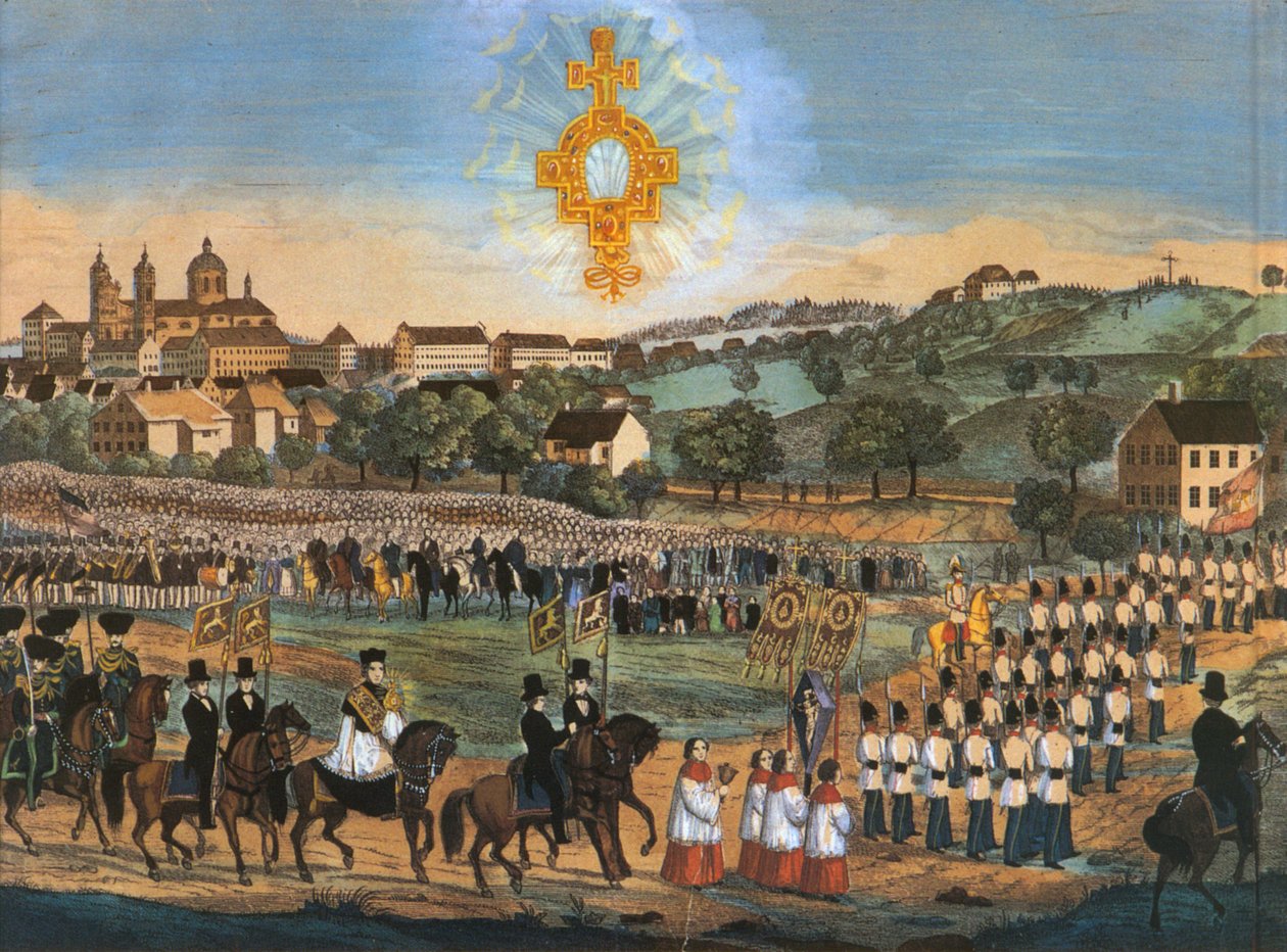 Altdorf-Weingarten, hellig blodprosesjon i 1849 eller i årene etter; farget litografi, variant med hellig blod relikvie i himmelen av Joseph Bayer