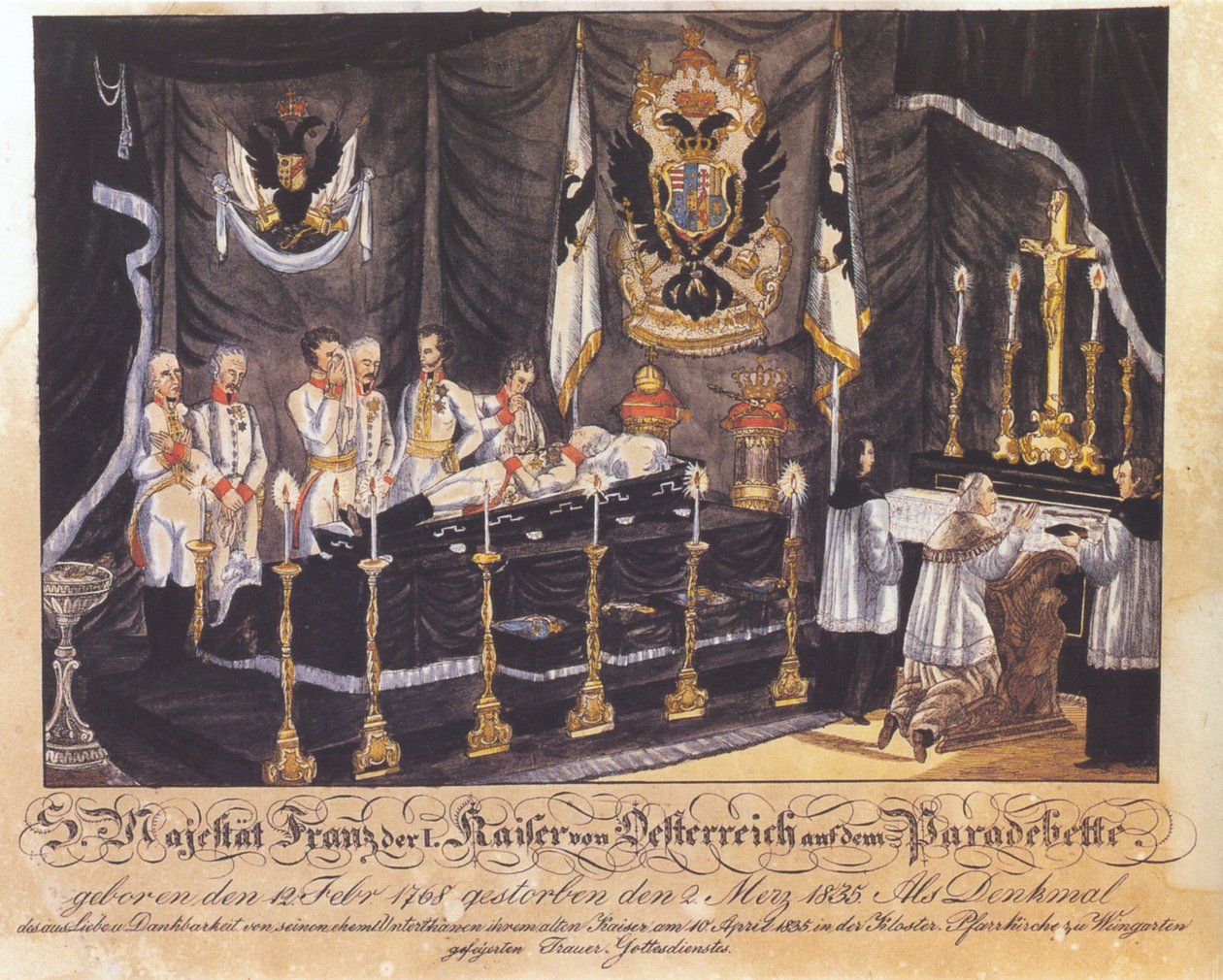 S. Majestet Franz I, keiser av Østerrike på paradesengen, farget litografi, 1835 av Joseph Bayer