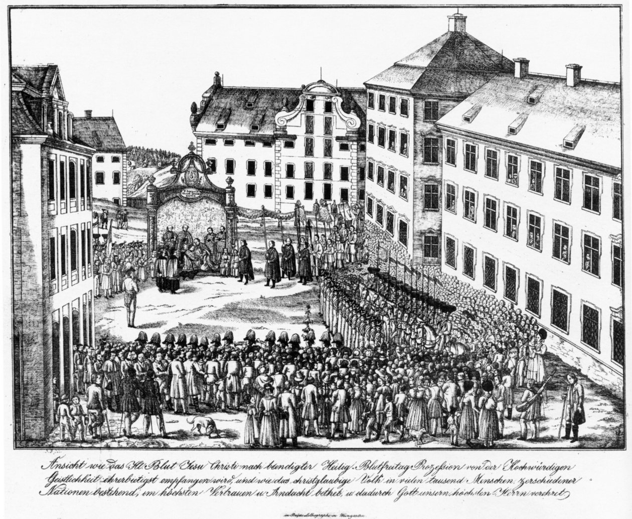 Weingarten, klostergård, mottakelse av Holy Blood Reqlique av presteskapet etter Holy Blood prosesjon, tidlig på 1840-tallet av Joseph Bayer