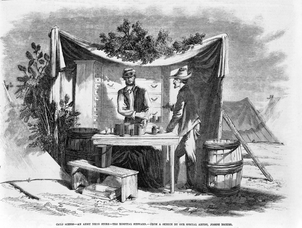 Leirscener - en Army Drug Store - sykehussjefen, pub. 1864 av Joseph Becker