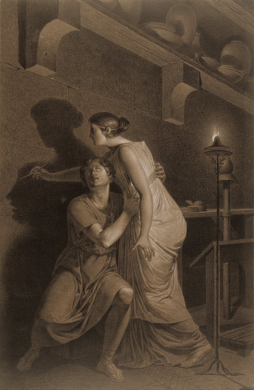 Oppfinnelsen av tegning (recto); Skisse av nedre beinben av menneskelig skjelett (verso) av Joseph Benoît Suvée