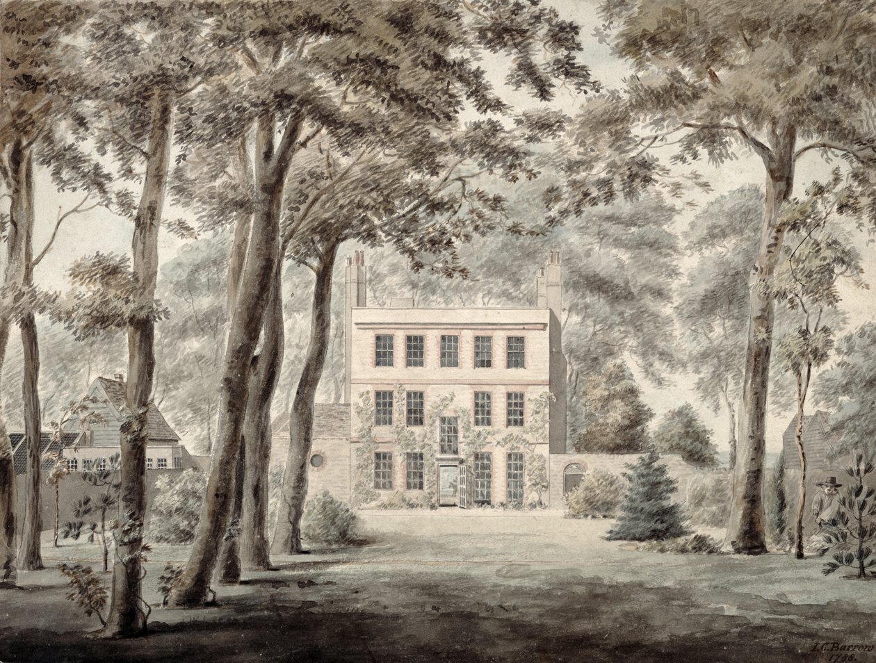 En gartner som arbeider på eiendommen til et elegant landsted, 1788 (blyant, blekk og wc) av Joseph Charles Barrow