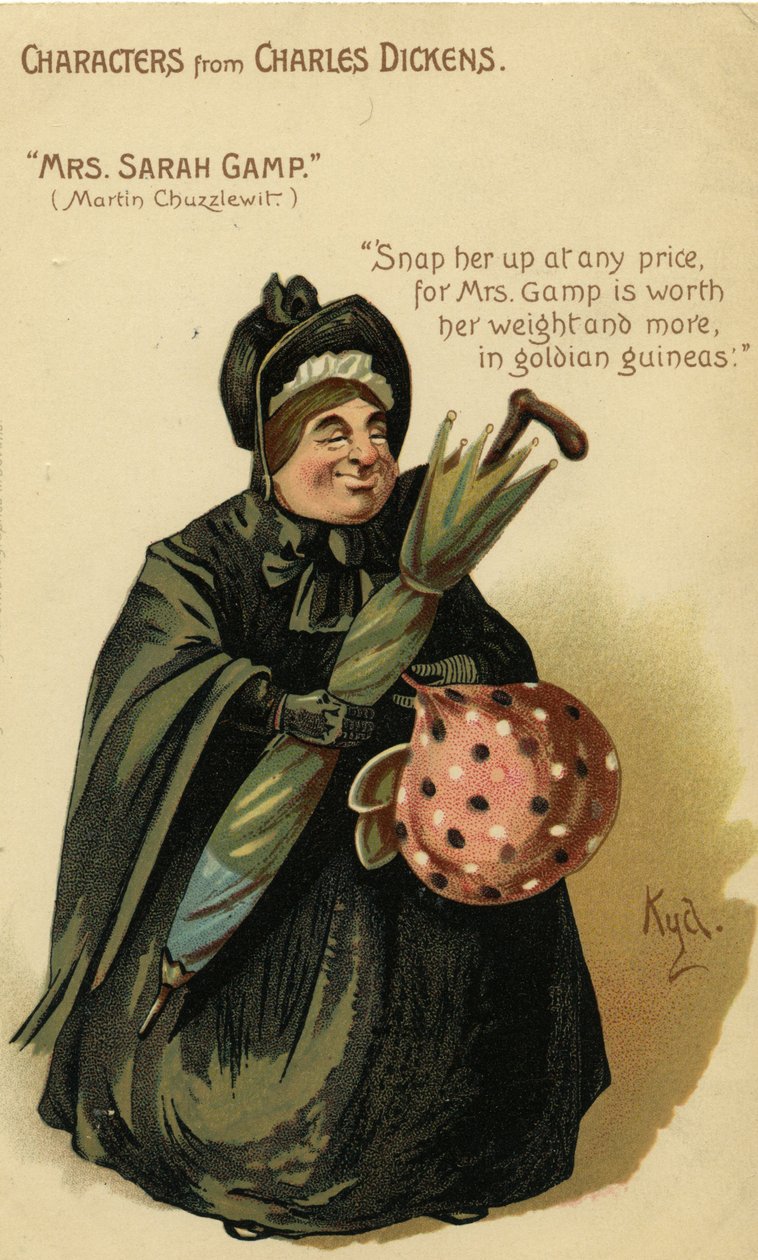 Karakterer fra Charles Dickens - Mrs. Sarah Gamp fra Martin Chuzzlewit, postkort, ca. 1903 av Joseph Clayton Clarke