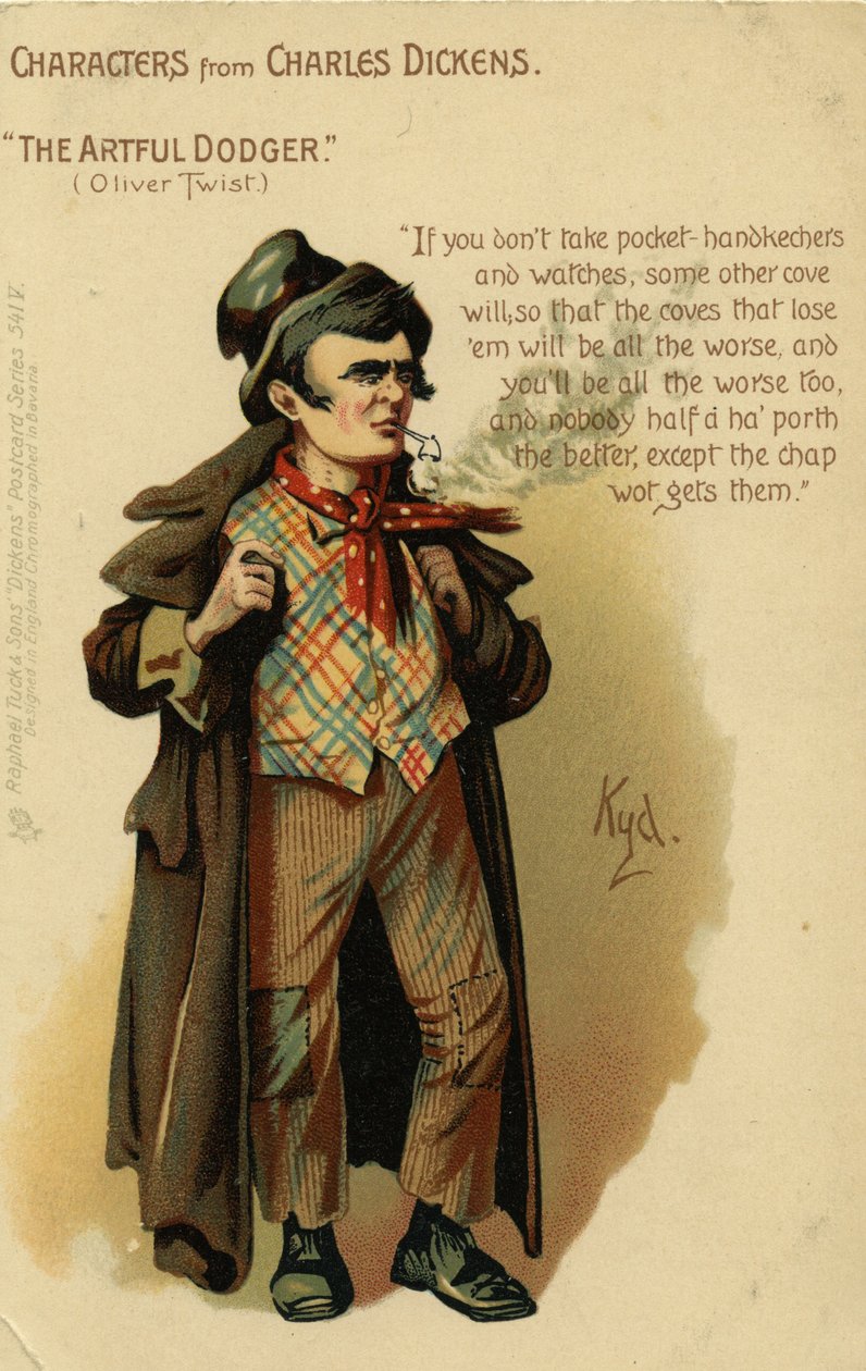 Karakterer fra Charles Dickens - The Artful Dodger fra Oliver Twist, postkort, ca. 1903 av Joseph Clayton Clarke