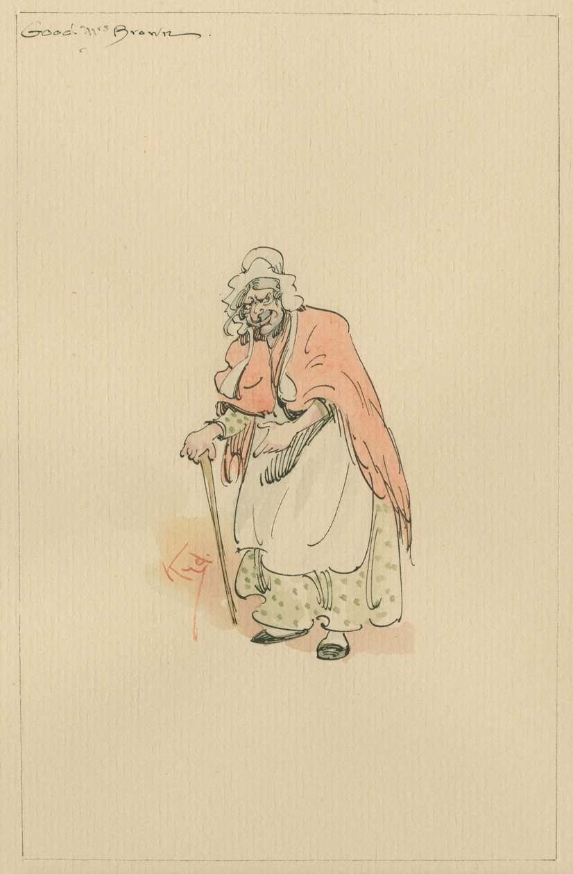 Good Mrs Brown, ca 1920-tallet (penn og blekk med wc på papir) av Joseph Clayton Clarke