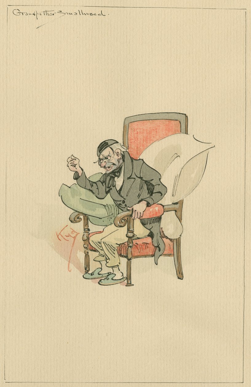 Bestefar Smallweed, ca. 1920-tallet (penn og blekk med wc på papir) av Joseph Clayton Clarke