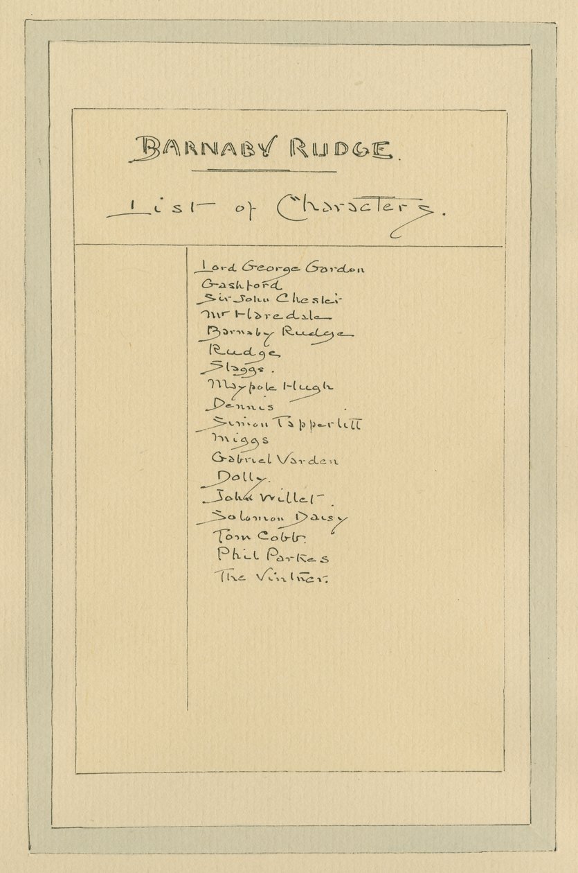 Liste over karakterer for Barnaby Rudge, ca. 1920-tallet (penn og blekk med wc på papir) av Joseph Clayton Clarke