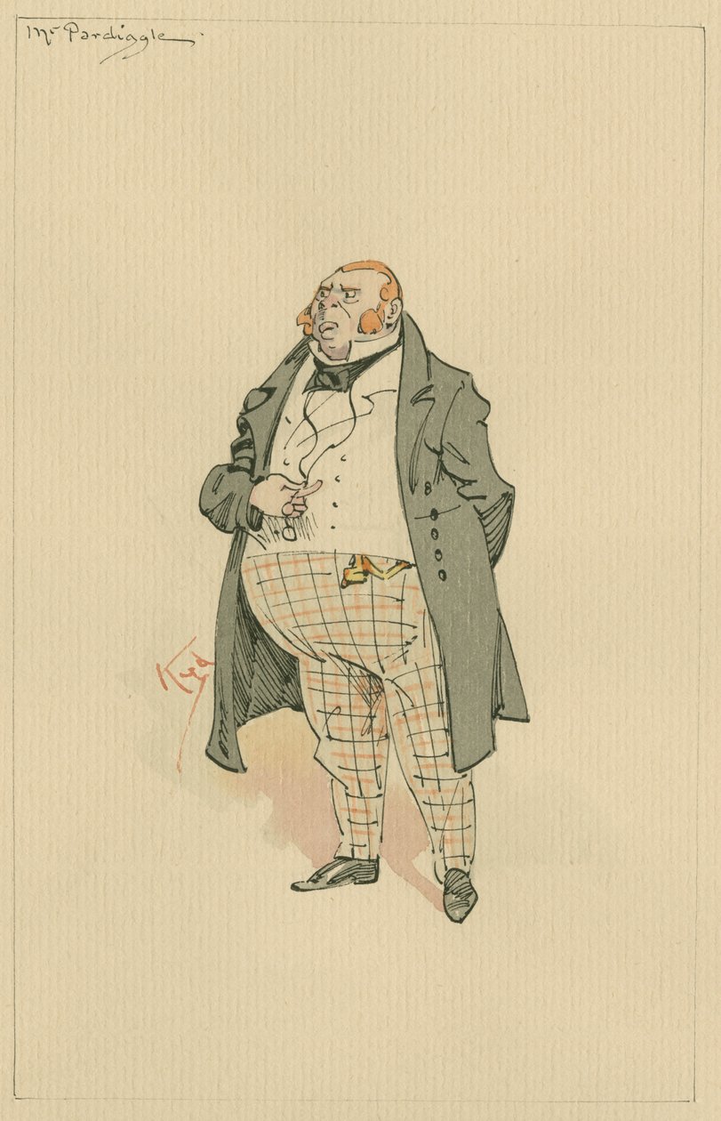 Mr Pardiggle, ca. 1920-tallet (penn og blekk med wc på papir) av Joseph Clayton Clarke
