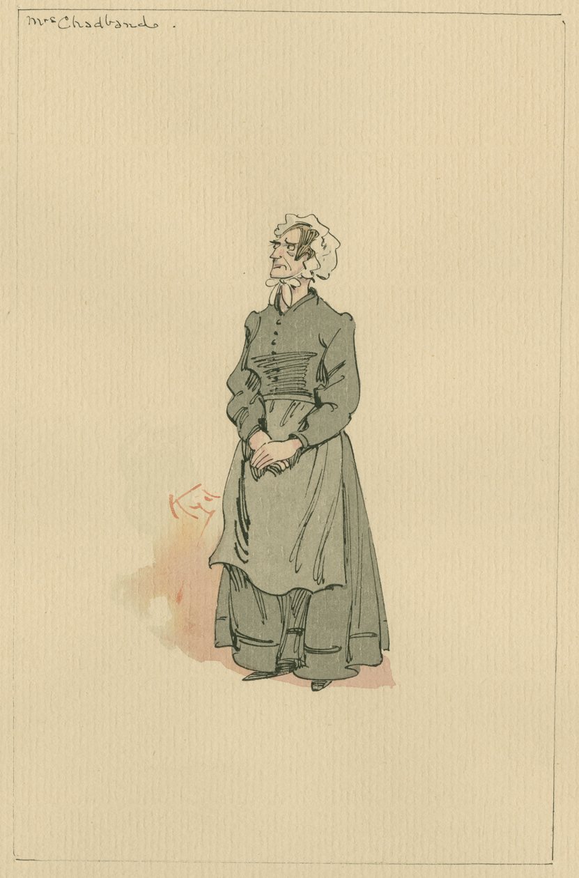 Mrs Chadband, ca. 1920-tallet (penn og blekk med wc på papir) av Joseph Clayton Clarke