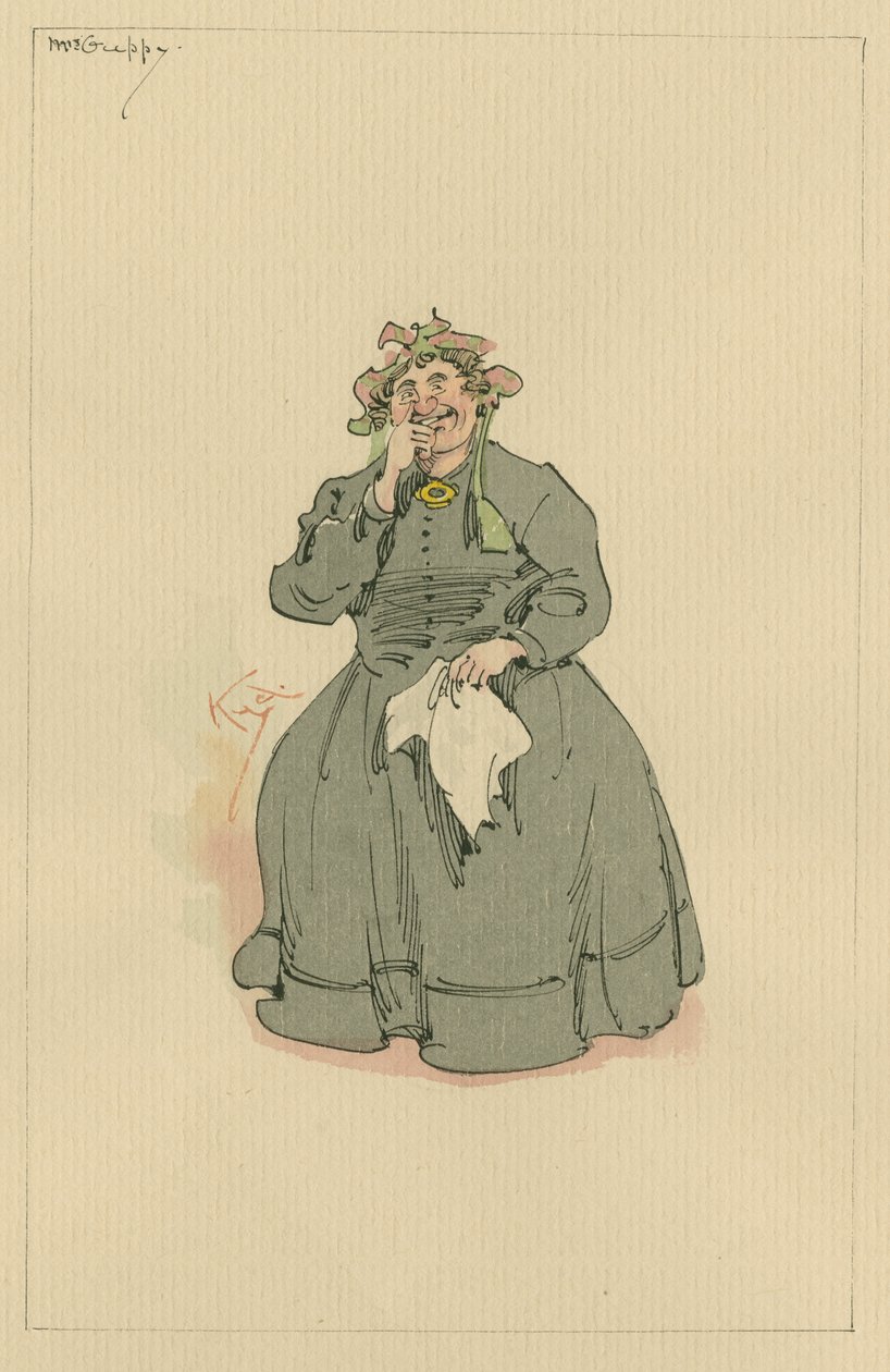 Mrs Guppy, ca. 1920-tallet (penn og blekk med wc på papir) av Joseph Clayton Clarke